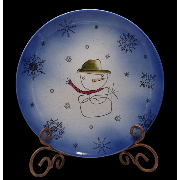 Beaver Farm Pottery HandPainted Snowman Blue Winter Design Ceramic Platter Bowl - Picture 1 of 6